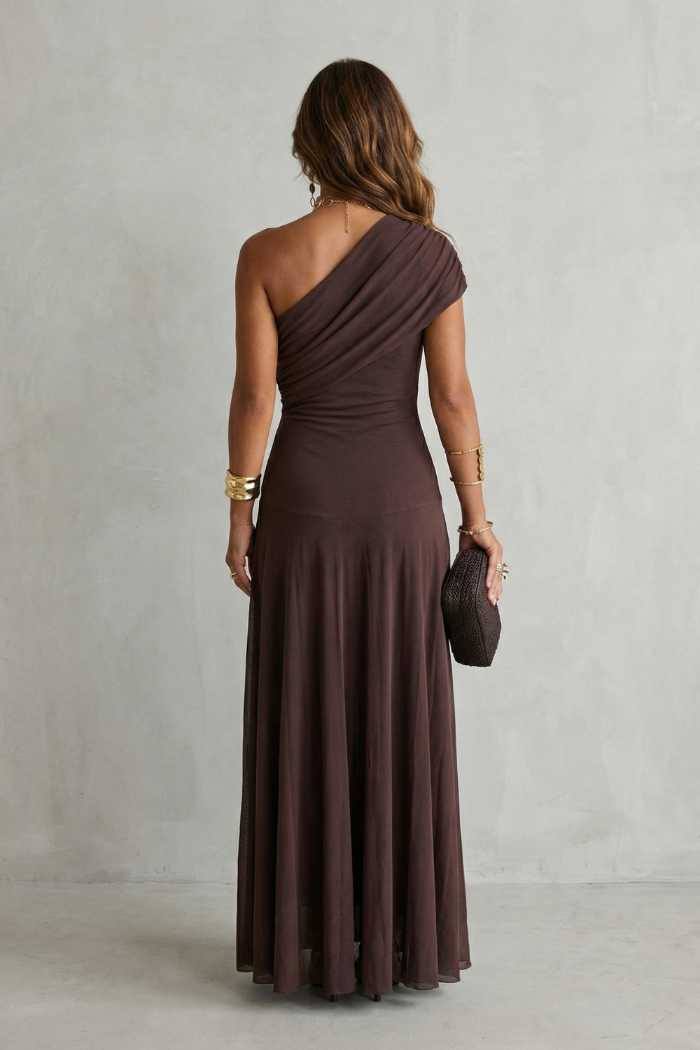Elegant Draped Neckline One Shoulder Maxi Dress