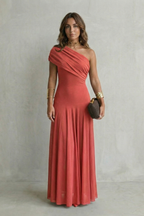 Elegant Draped Neckline One Shoulder Maxi Dress