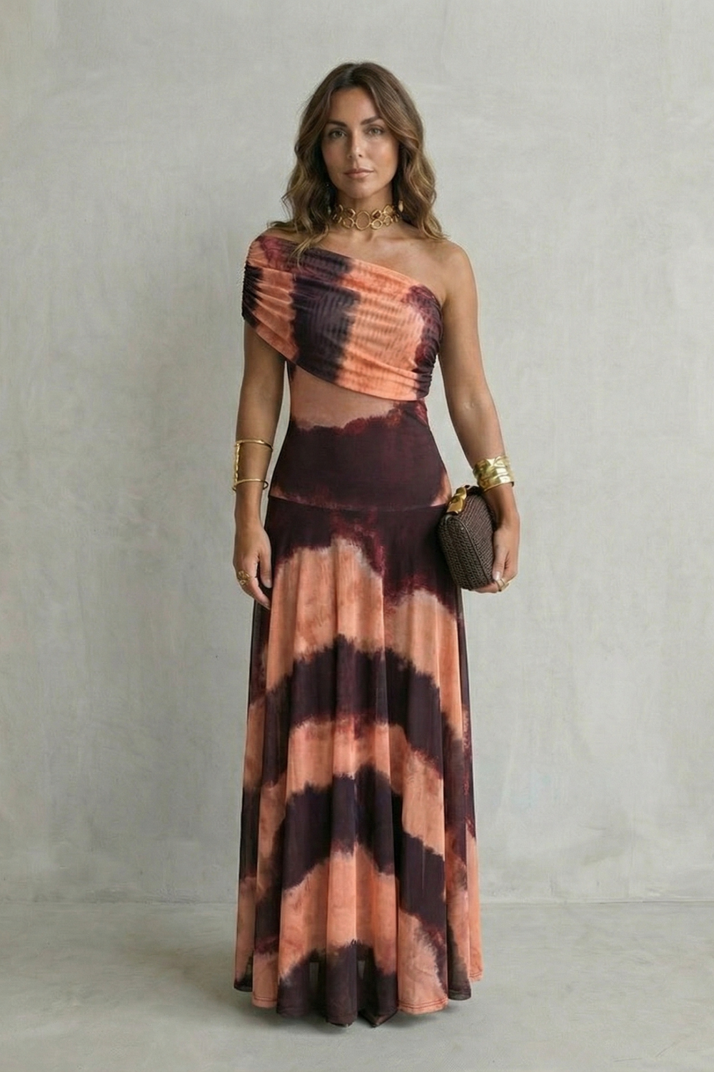Elegant Draped Neckline One Shoulder Maxi Dress