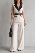 Two-tone Lapel Sleeveless Trouser Suit