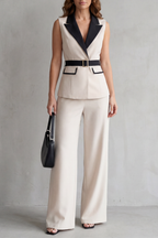 Two-tone Lapel Sleeveless Trouser Suit