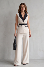 Two-tone Lapel Sleeveless Trouser Suit