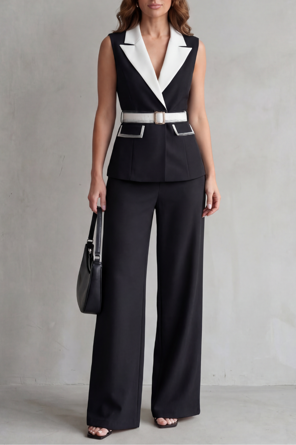 Two-tone Lapel Sleeveless Trouser Suit