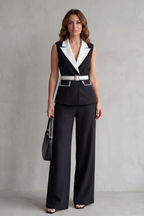 Two-tone Lapel Sleeveless Trouser Suit