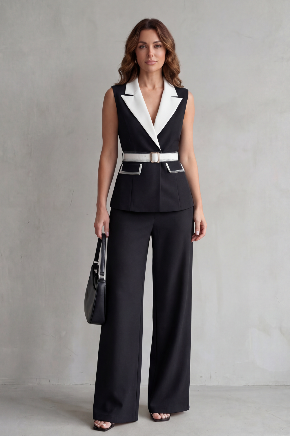 Two-tone Lapel Sleeveless Trouser Suit