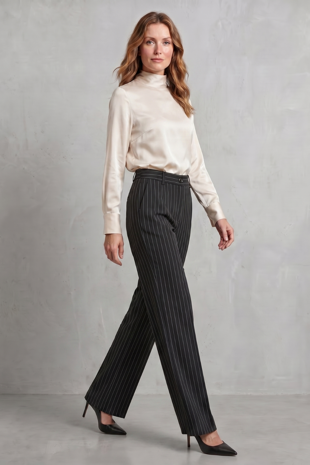 Refined Pinstripe Elegance Wide-leg Trousers
