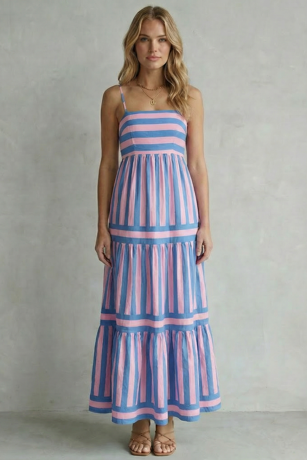 Playful Stripe Tiers Strappy Maxi Dress