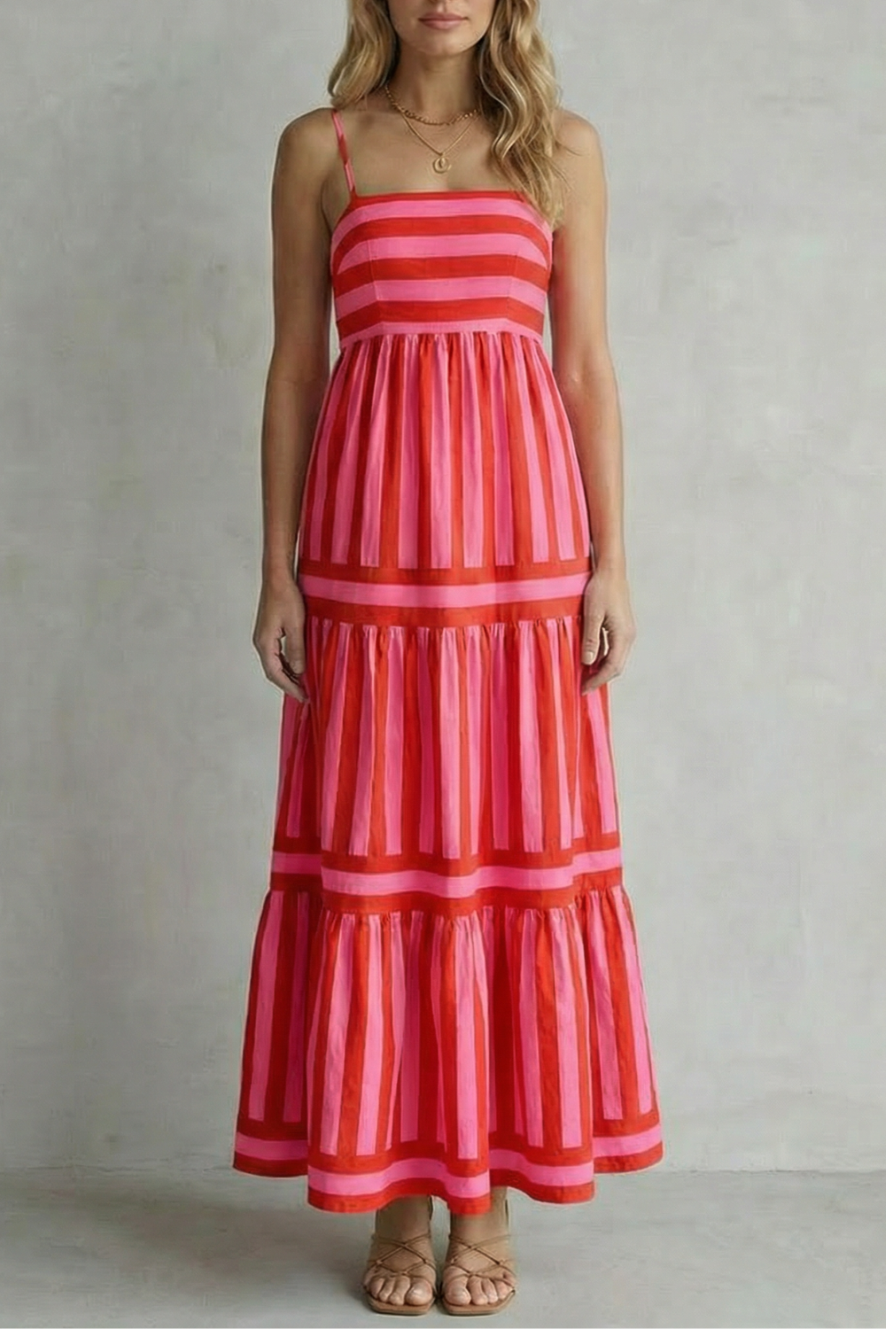 Playful Stripe Tiers Strappy Maxi Dress