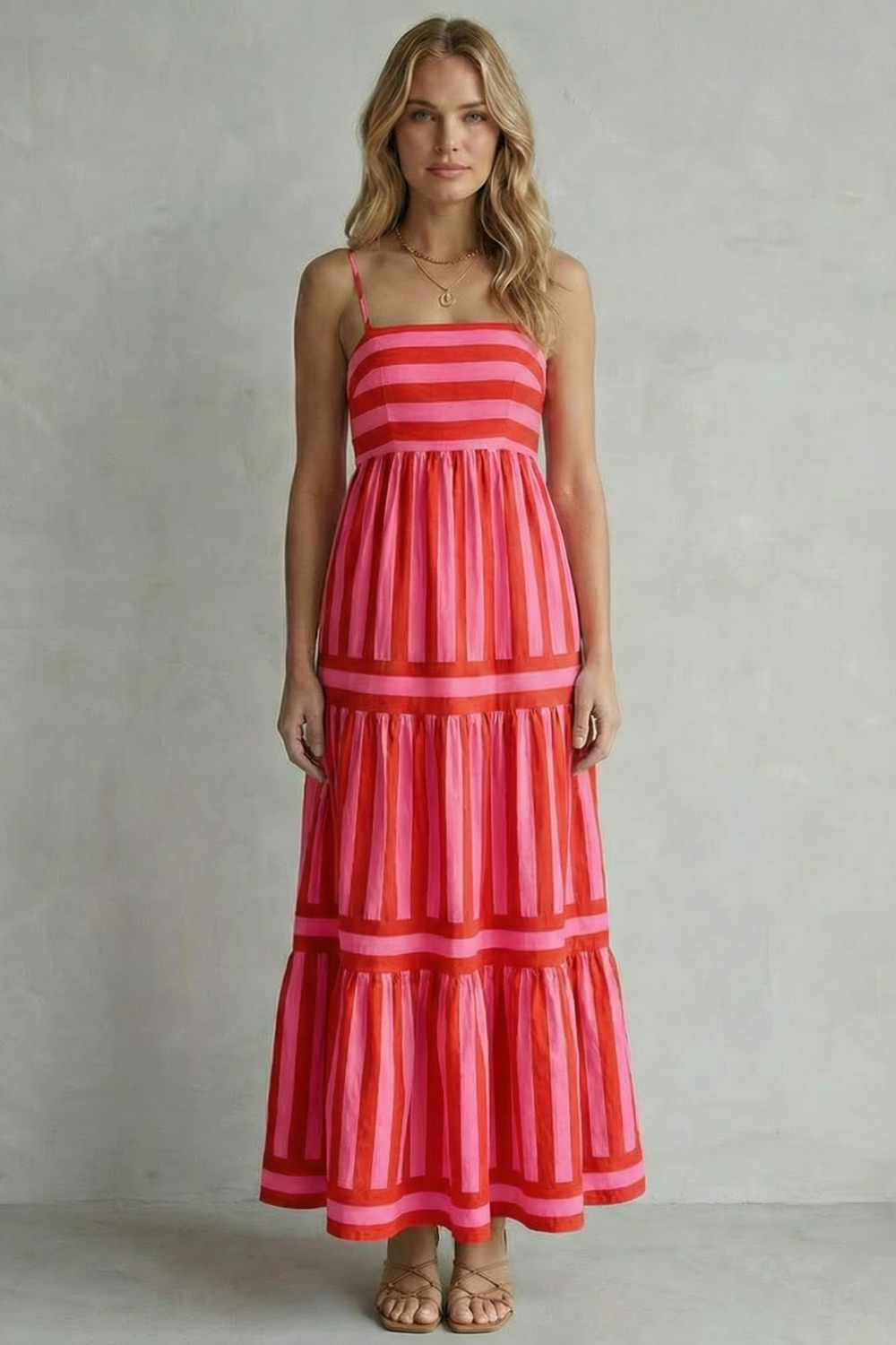 Playful Stripe Tiers Strappy Maxi Dress