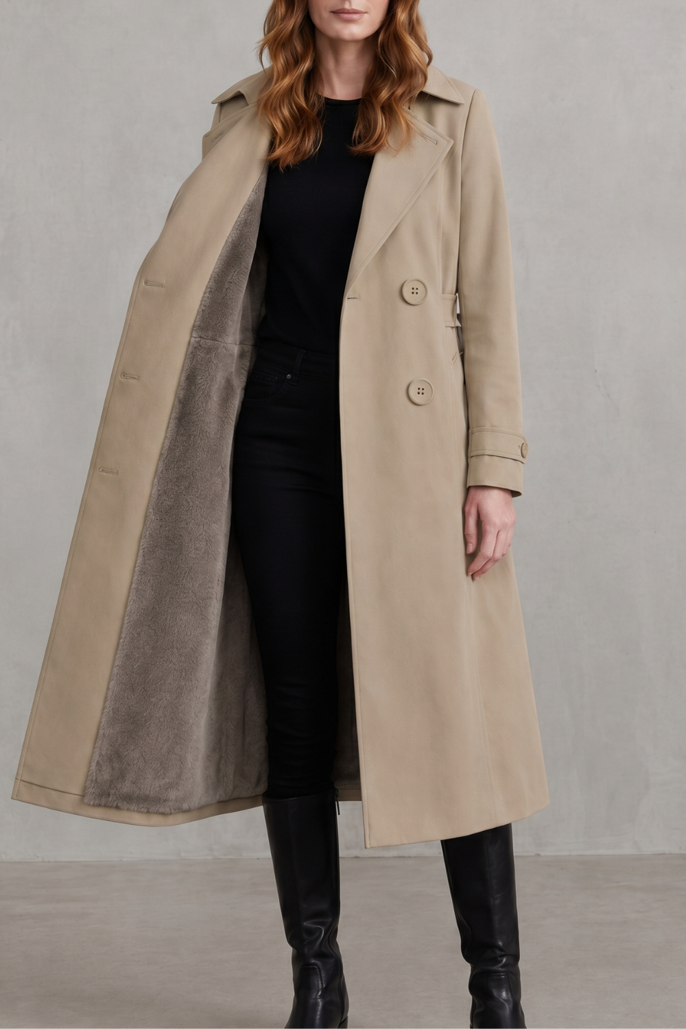 Faux fur-lined trench | Double-breasted winter coat