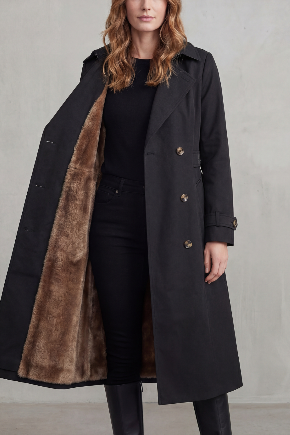 Faux fur-lined trench | Double-breasted winter coat