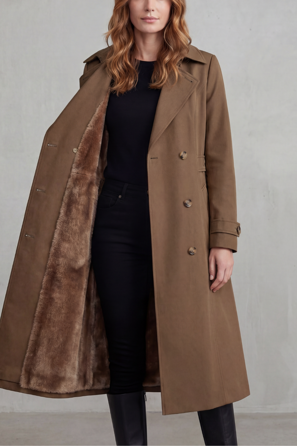 Faux fur-lined trench | Double-breasted winter coat