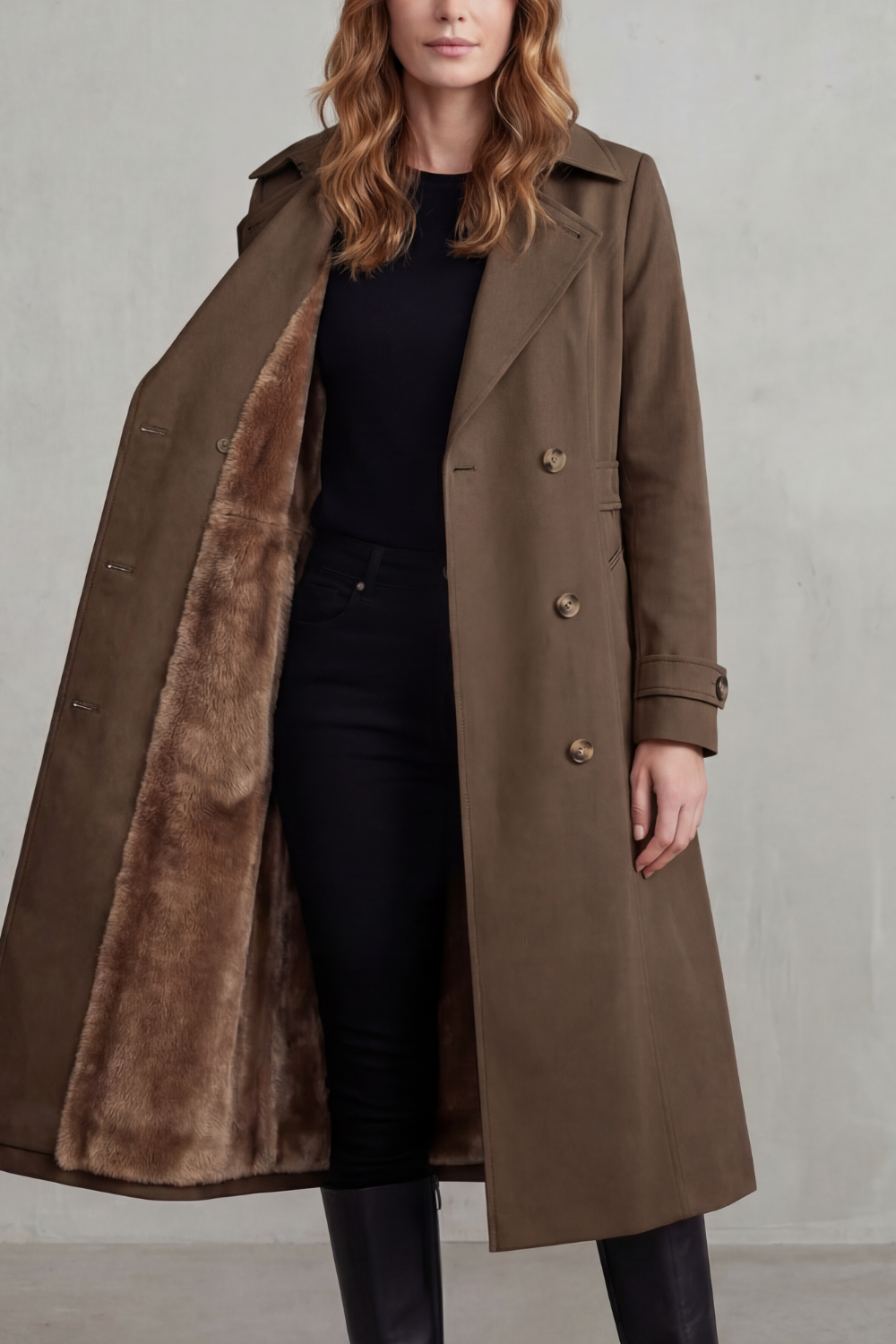 Faux fur-lined trench | Double-breasted winter coat
