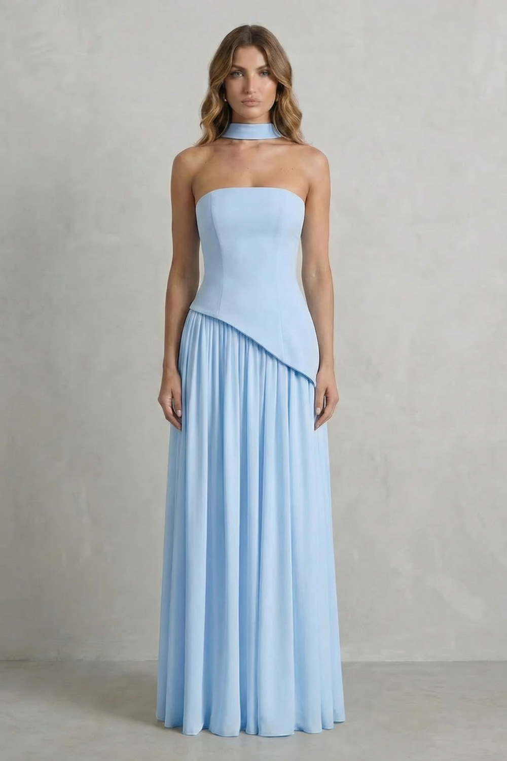 Sculpted Draped Slit Strapless Maxi Dress