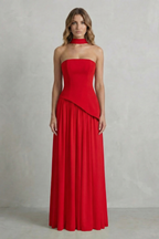 Sculpted Draped Slit Strapless Maxi Dress