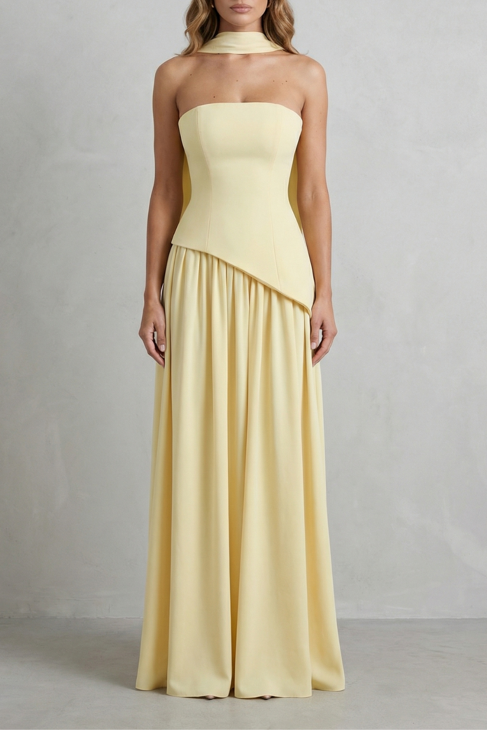 Sculpted Draped Slit Strapless Maxi Dress