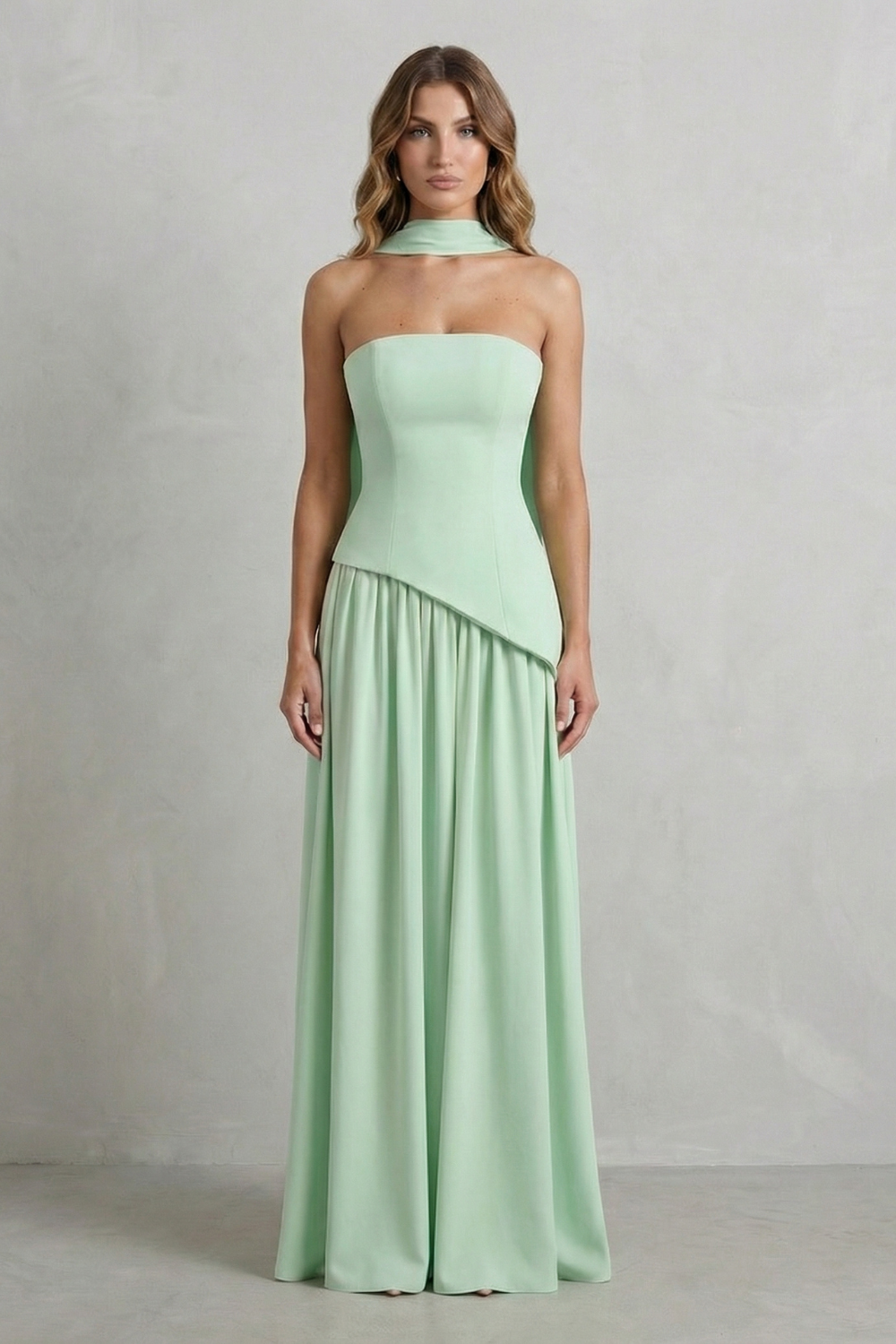 Sculpted Draped Slit Strapless Maxi Dress