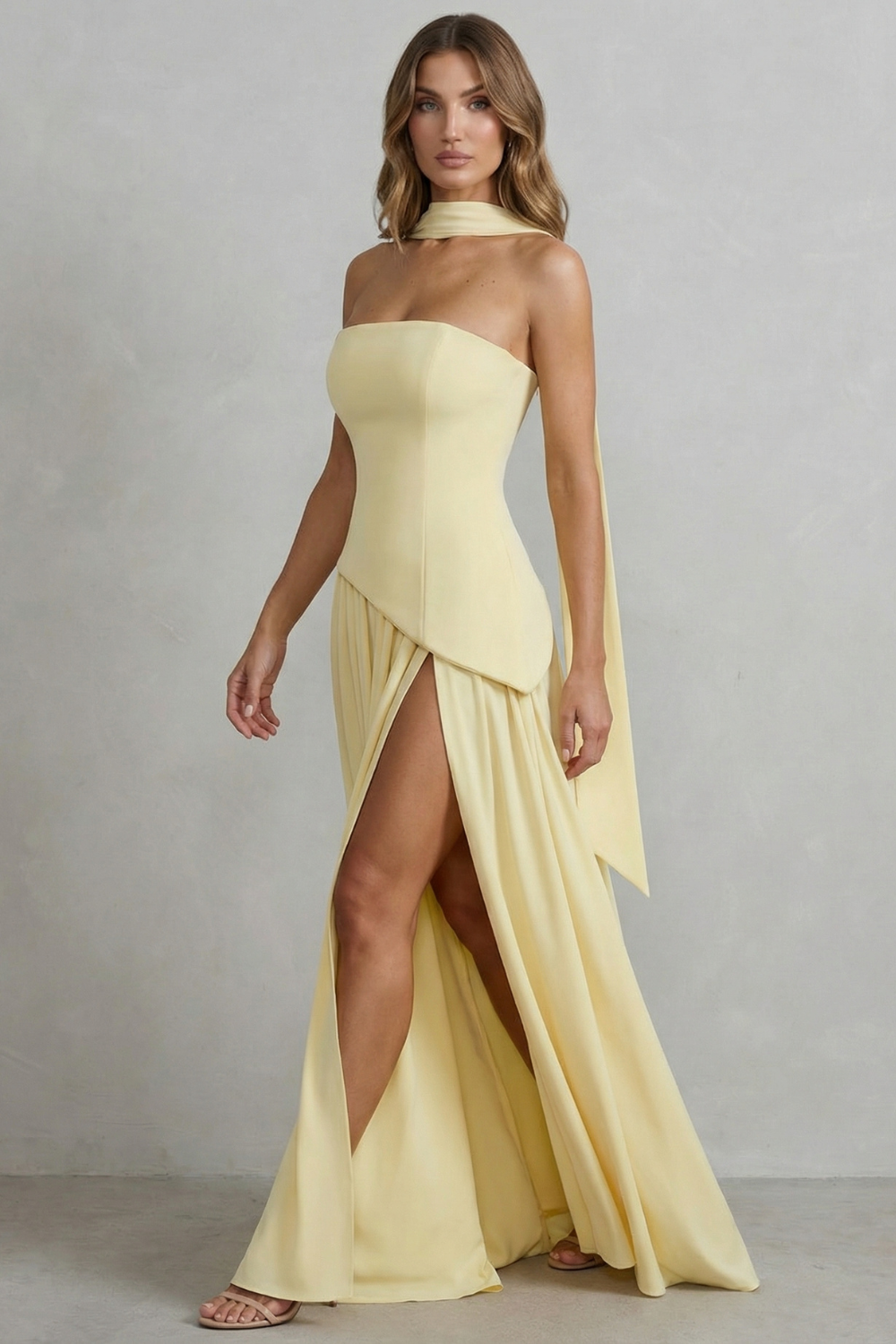 Sculpted Draped Slit Strapless Maxi Dress