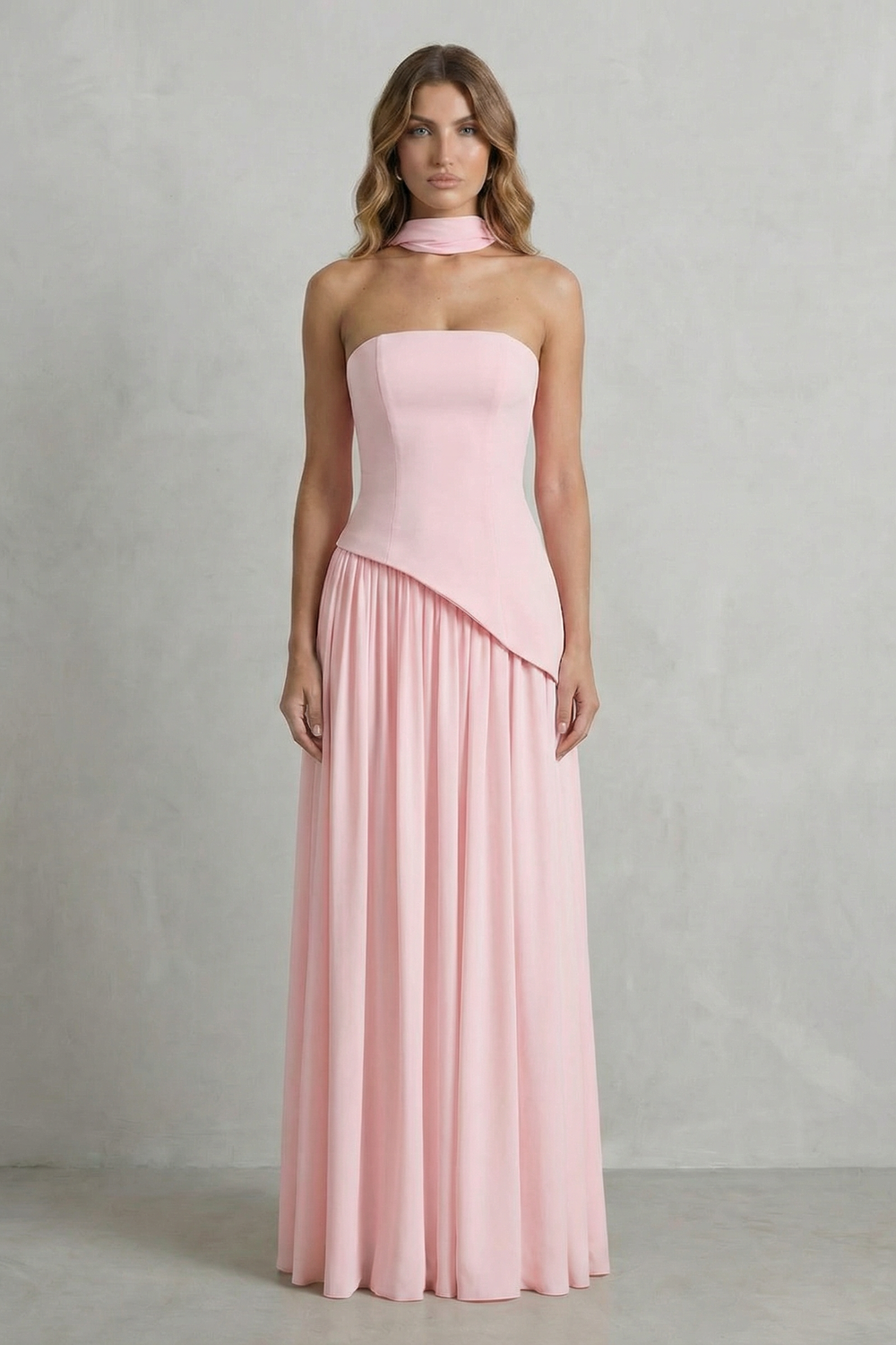 Sculpted Draped Slit Strapless Maxi Dress