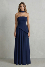 Sculpted Draped Slit Strapless Maxi Dress