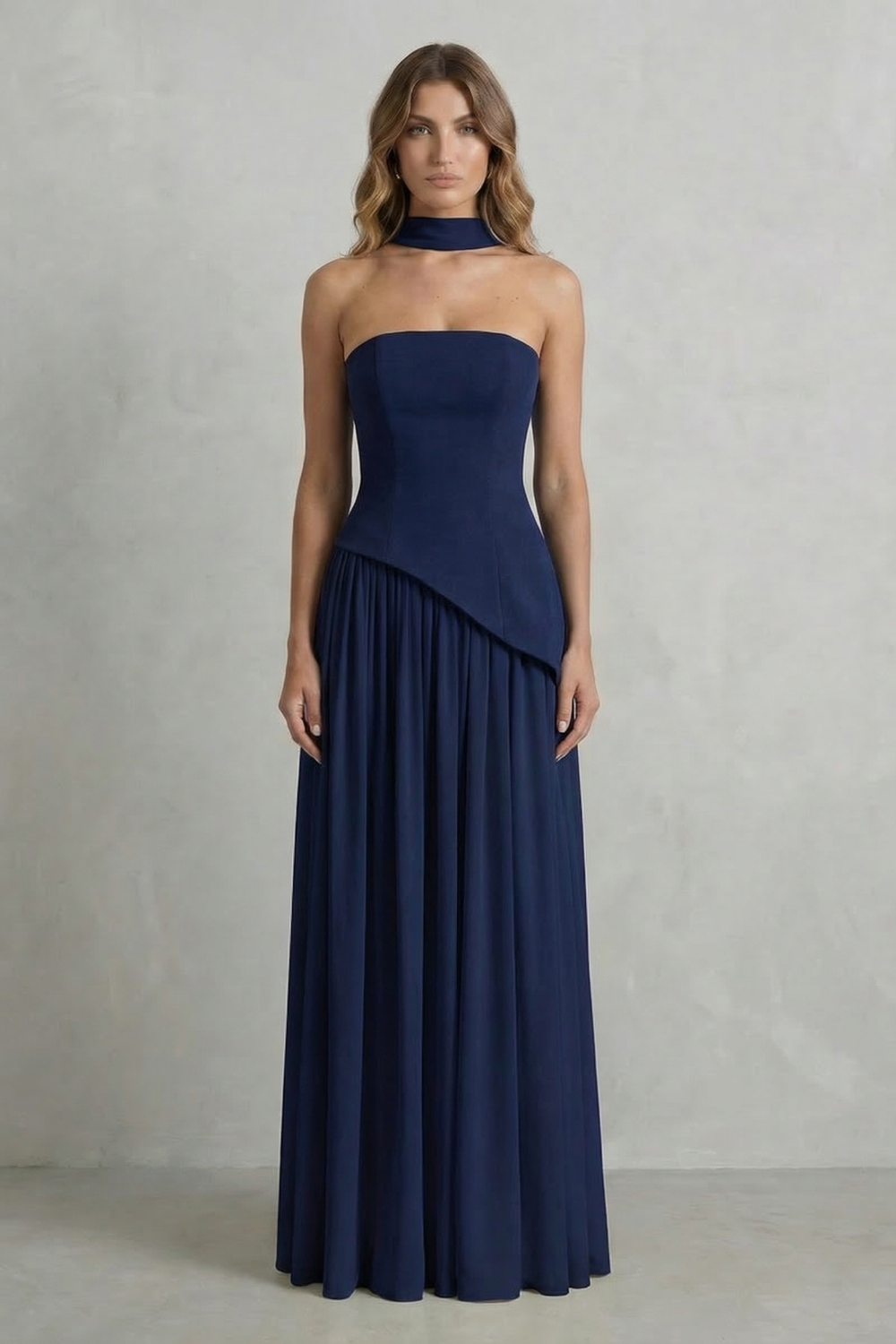 Sculpted Draped Slit Strapless Maxi Dress