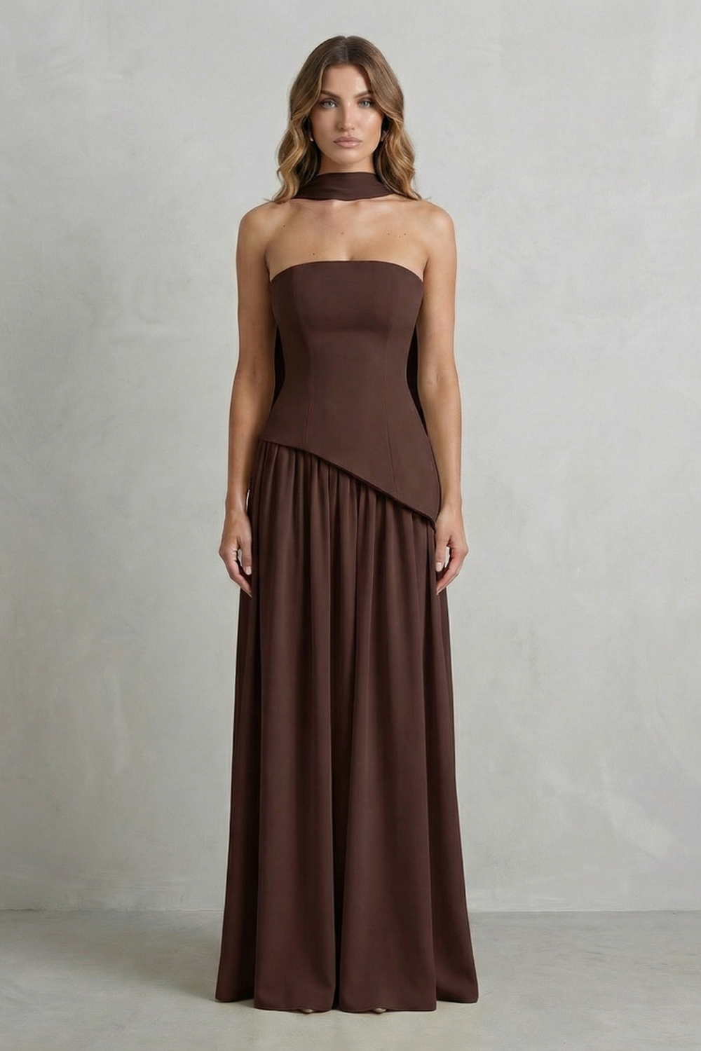 Sculpted Draped Slit Strapless Maxi Dress