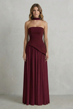 Sculpted Draped Slit Strapless Maxi Dress