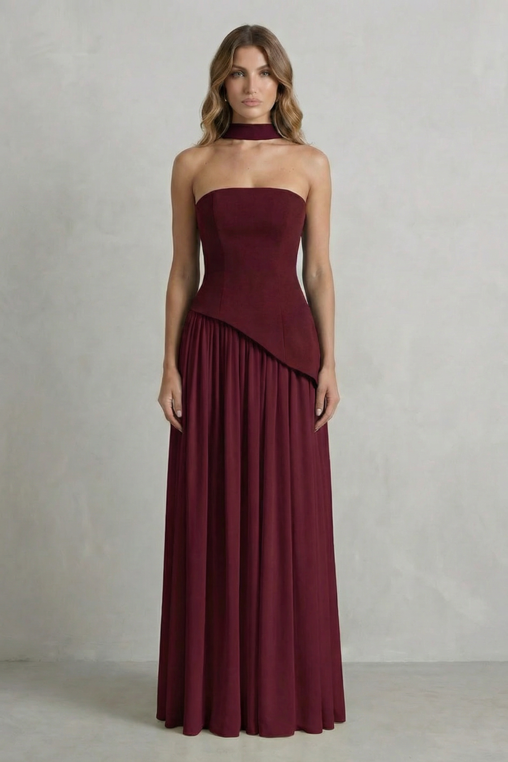 Sculpted Draped Slit Strapless Maxi Dress