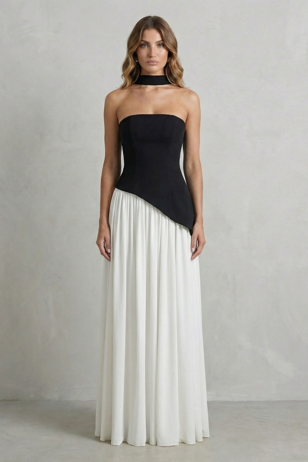 Sculpted Draped Slit Strapless Maxi Dress
