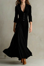 Vintage Velvet Long Dress Elegant Buttoned Swing Skirt With Lapel Deta