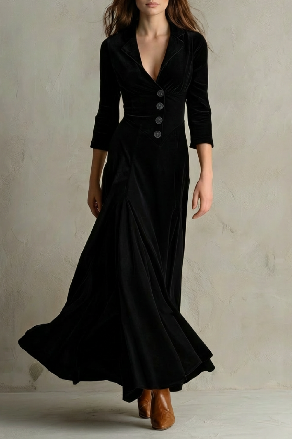 Vintage Velvet Long Dress Elegant Buttoned Swing Skirt With Lapel Deta