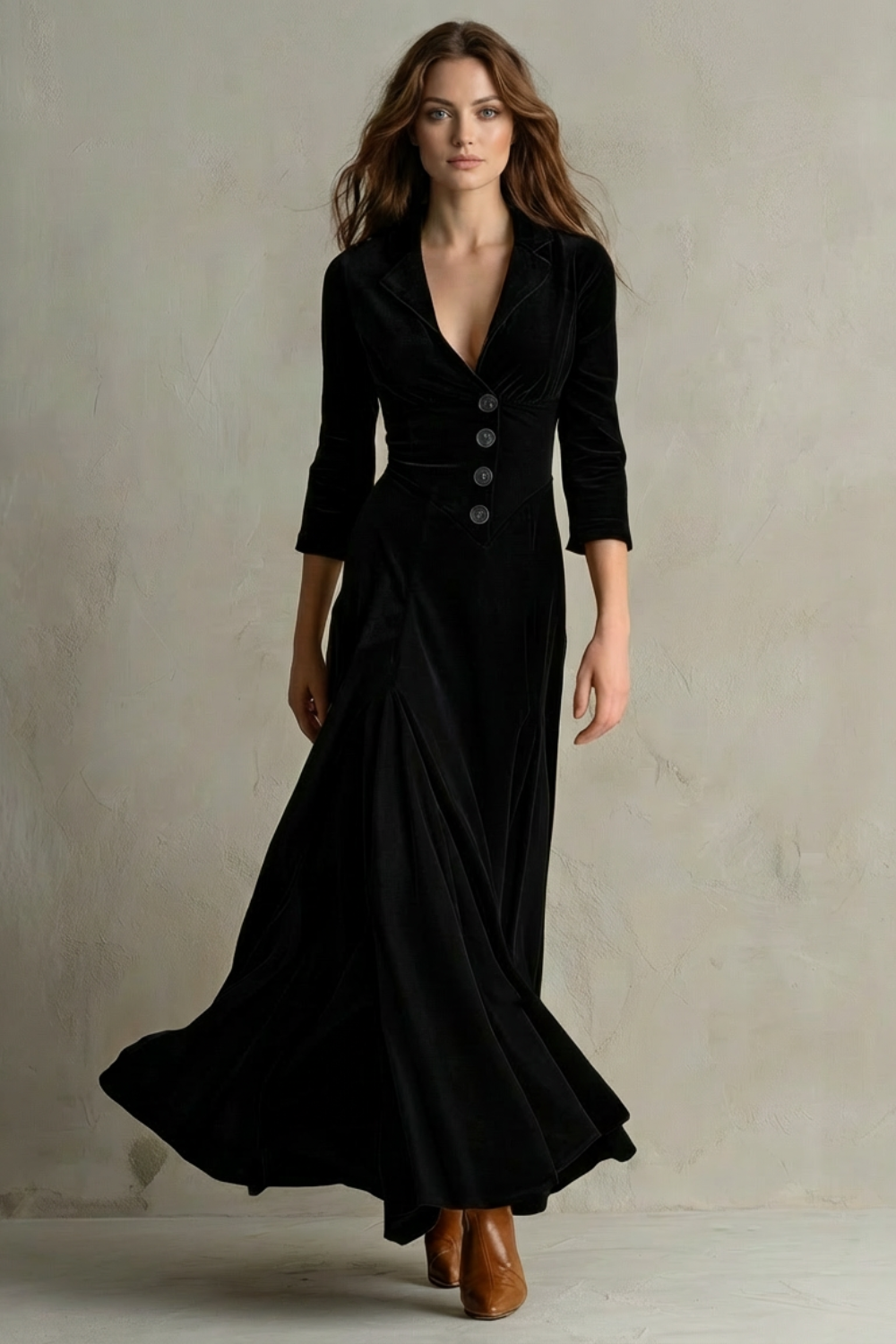 Vintage Velvet Long Dress Elegant Buttoned Swing Skirt With Lapel Deta