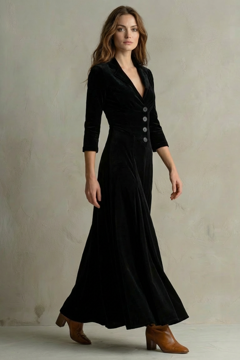 Vintage Velvet Long Dress Elegant Buttoned Swing Skirt With Lapel Deta