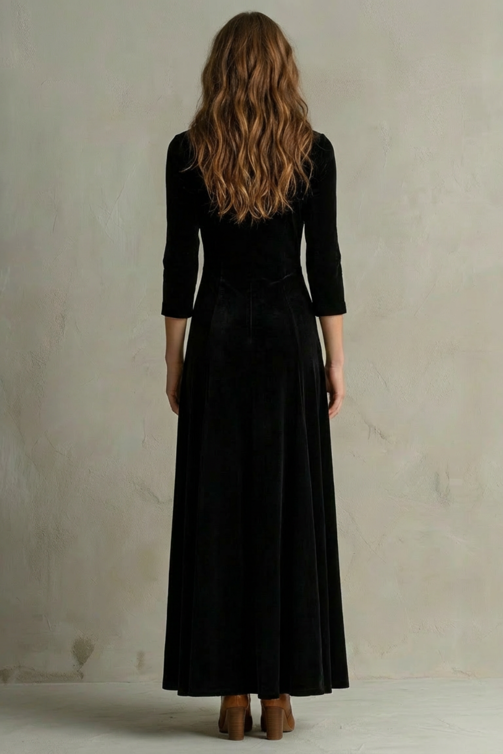 Vintage Velvet Long Dress Elegant Buttoned Swing Skirt With Lapel Deta