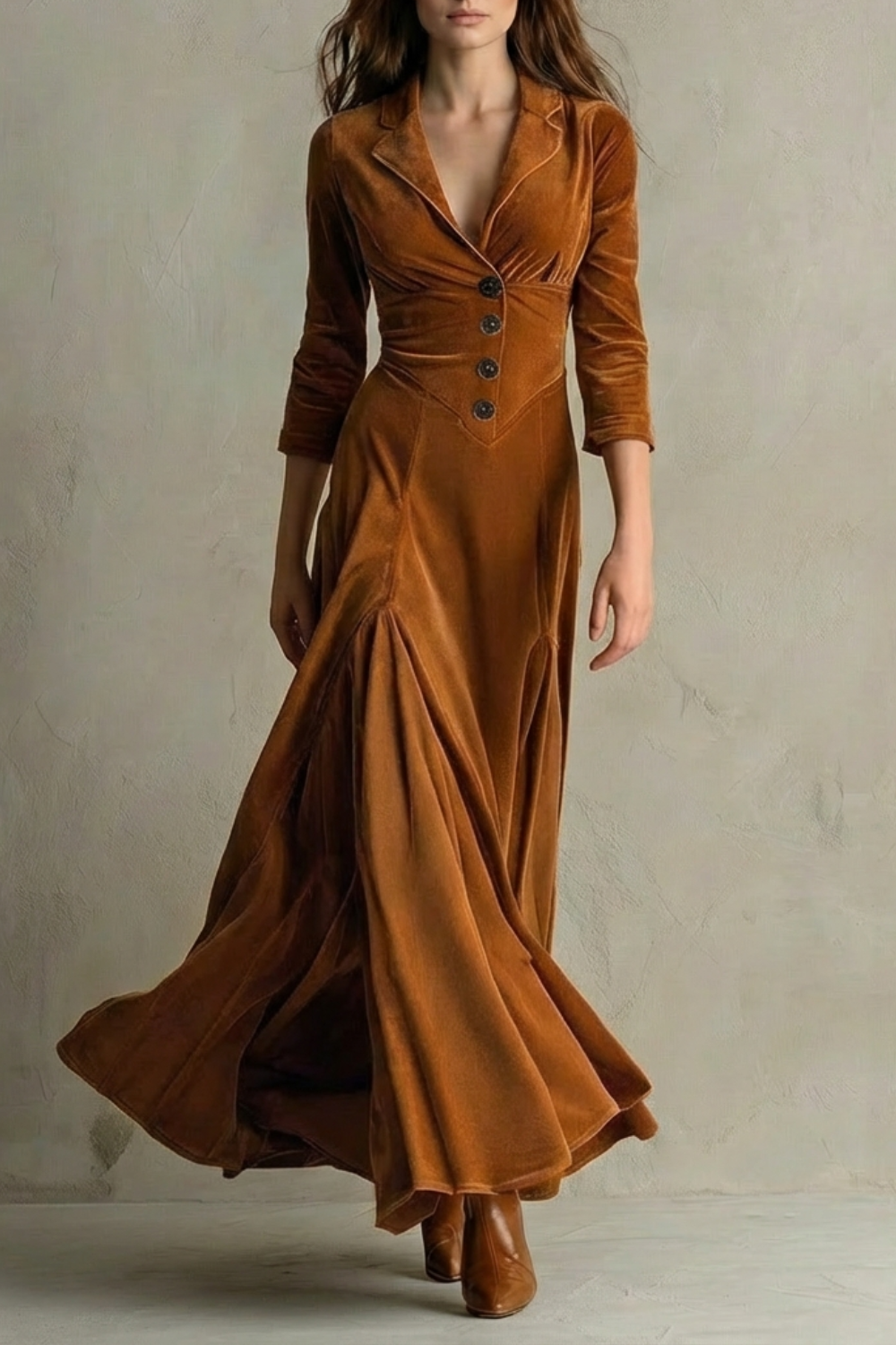 Vintage Velvet Long Dress Elegant Buttoned Swing Skirt With Lapel Deta