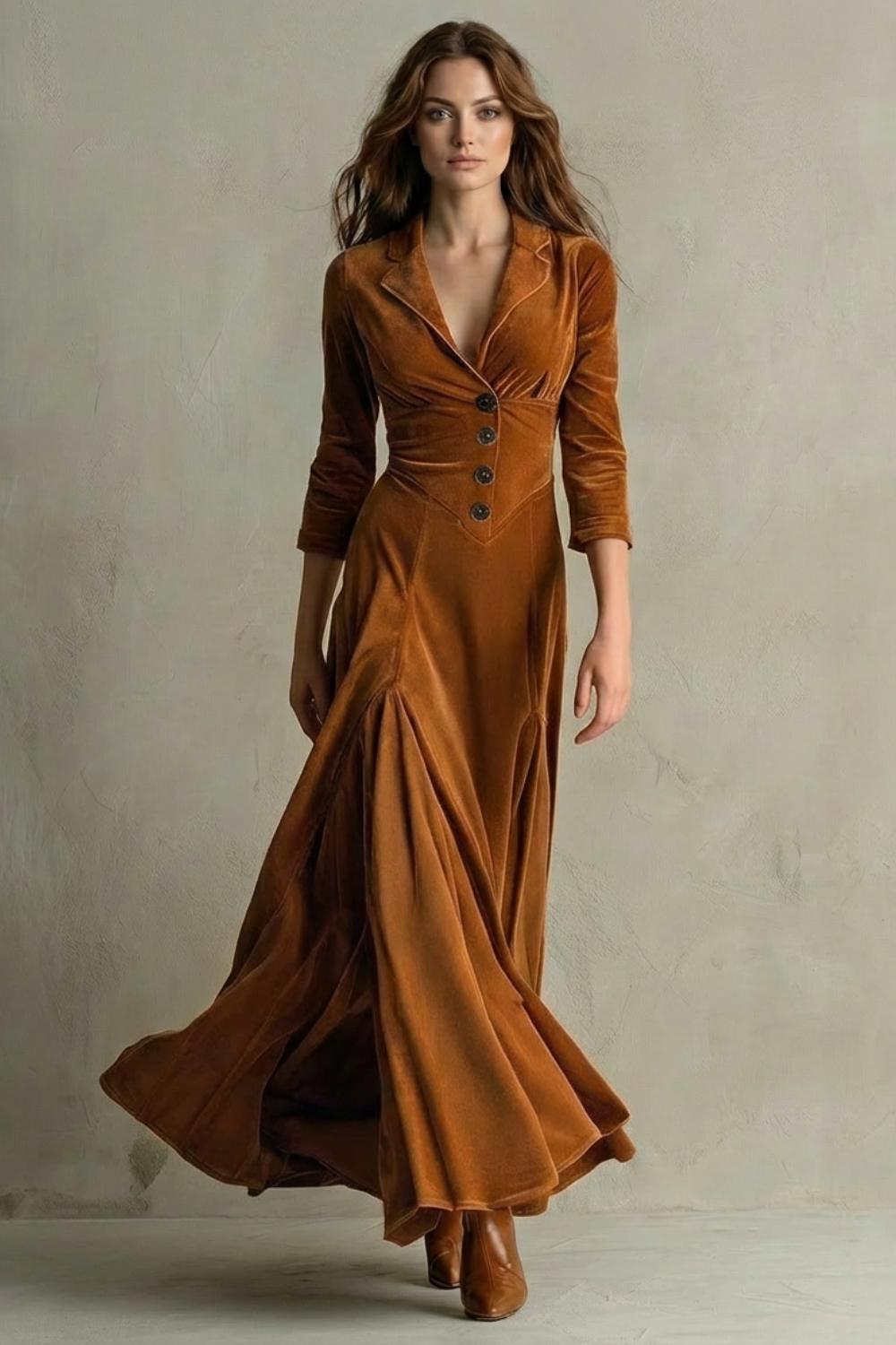 Vintage Velvet Long Dress Elegant Buttoned Swing Skirt With Lapel Deta