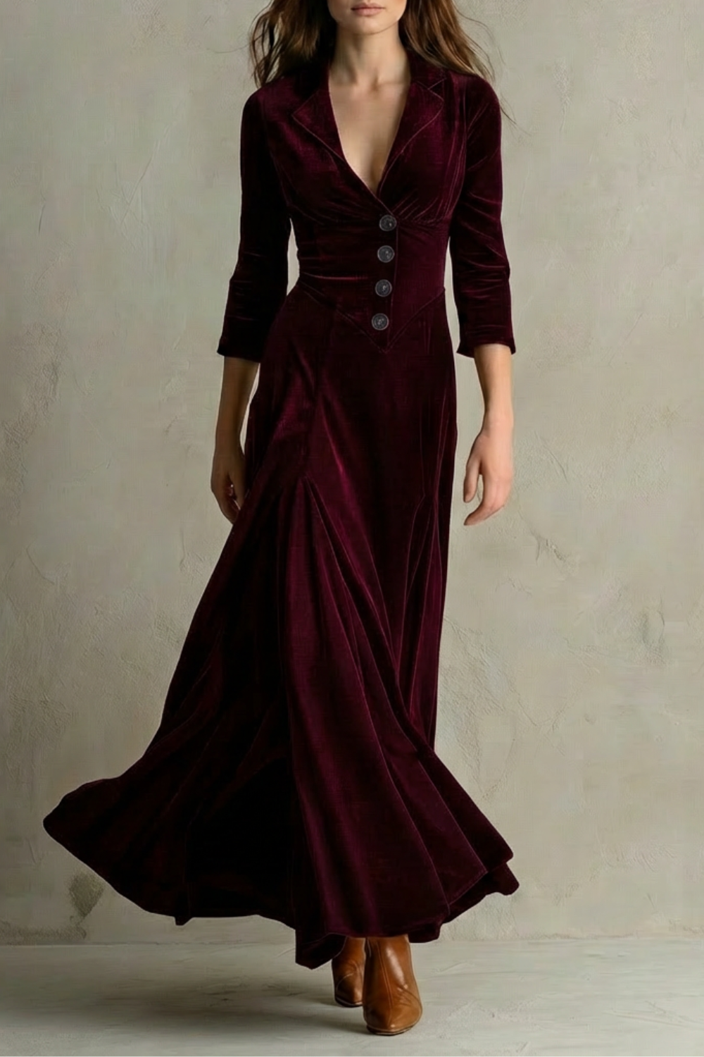 Vintage Velvet Long Dress Elegant Buttoned Swing Skirt With Lapel Deta