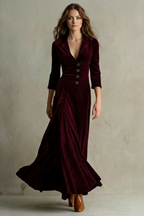Vintage Velvet Long Dress Elegant Buttoned Swing Skirt With Lapel Deta