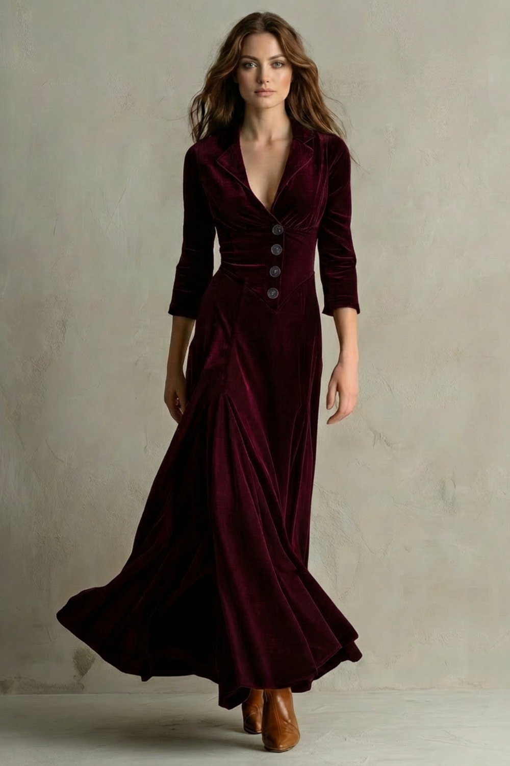 Vintage Velvet Long Dress Elegant Buttoned Swing Skirt With Lapel Deta