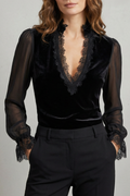 Refined Lace Trim Velvet Sheer Blouse