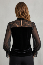 Refined Lace Trim Velvet Sheer Blouse