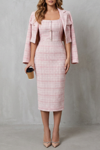 Elegant Plaid Tailoring Two-piece Midi Dress Set