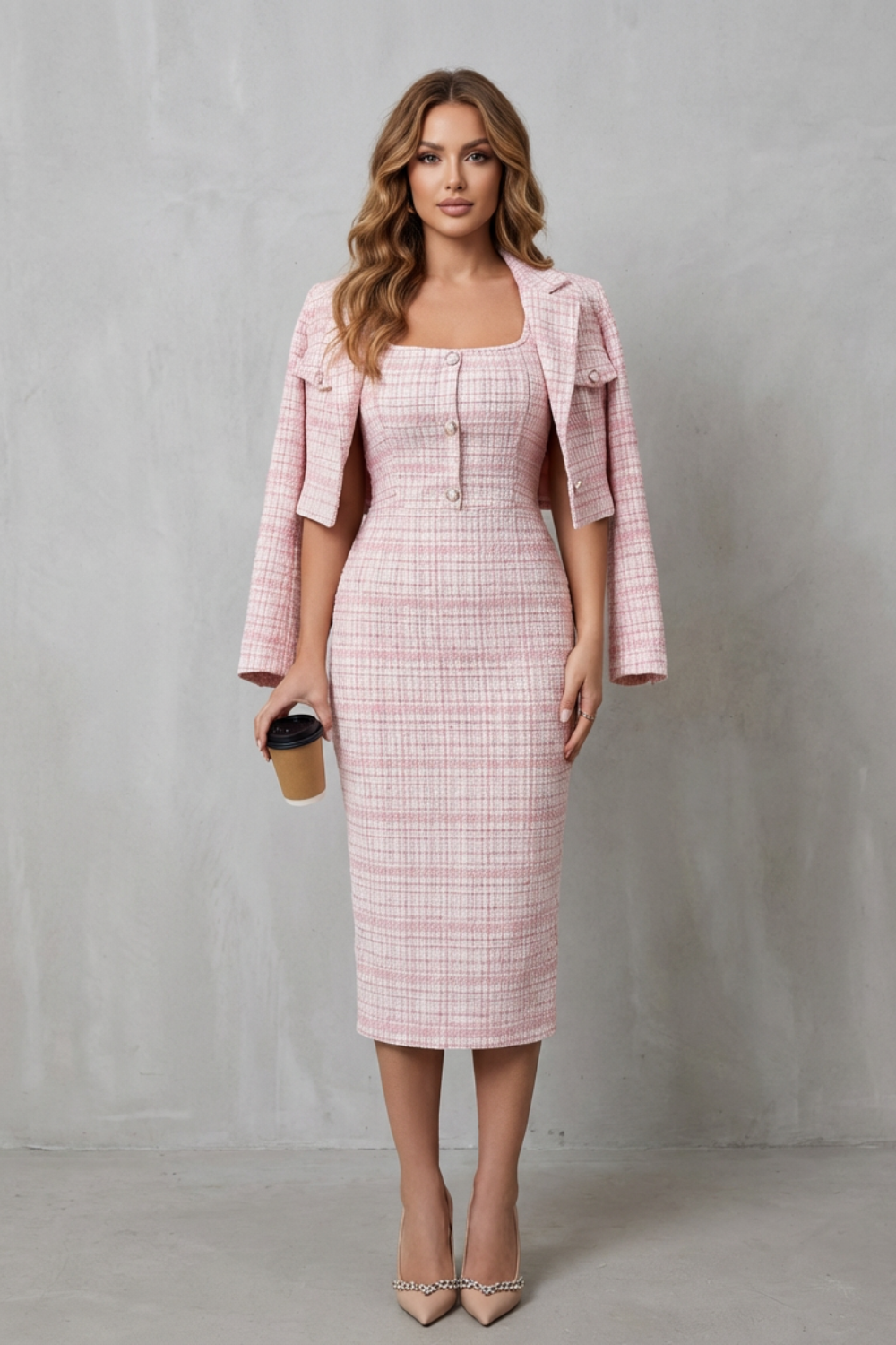 Elegant Plaid Tailoring Two-piece Midi Dress Set