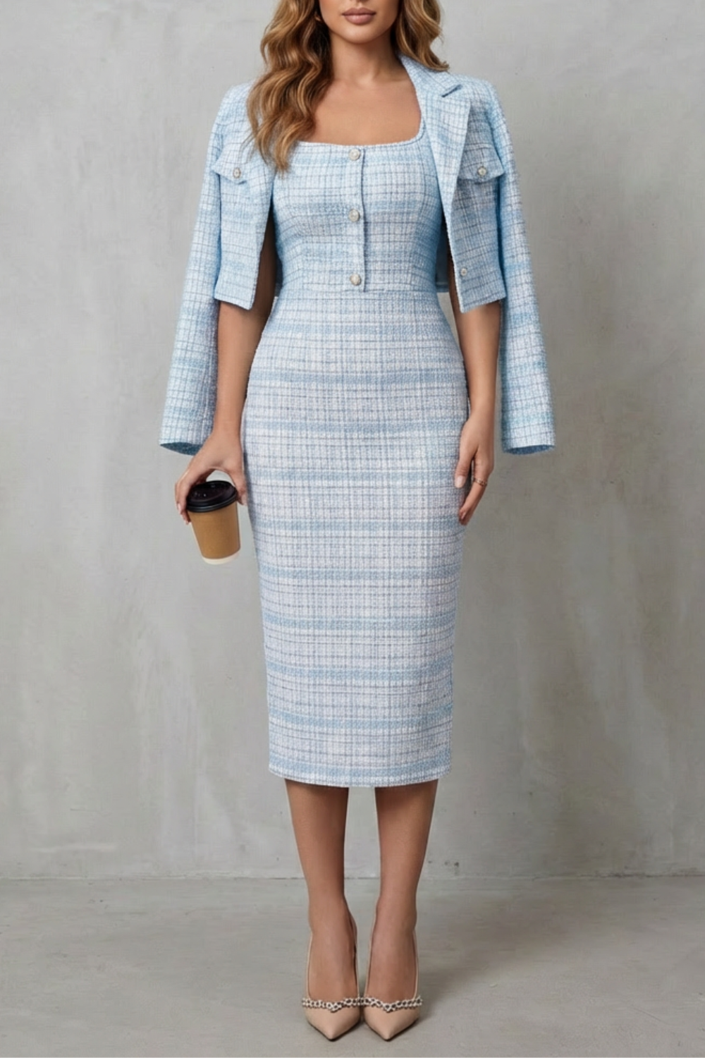 Elegant Plaid Tailoring Two-piece Midi Dress Set
