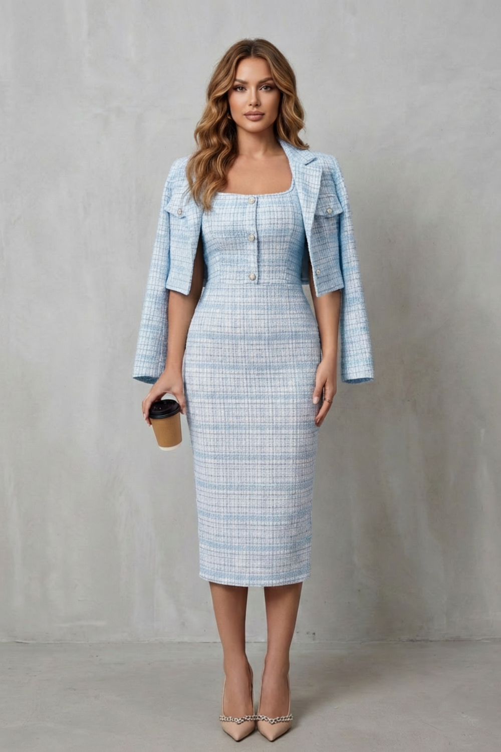 Elegant Plaid Tailoring Two-piece Midi Dress Set