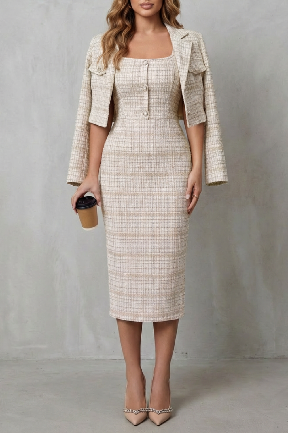 Elegant Plaid Tailoring Two-piece Midi Dress Set