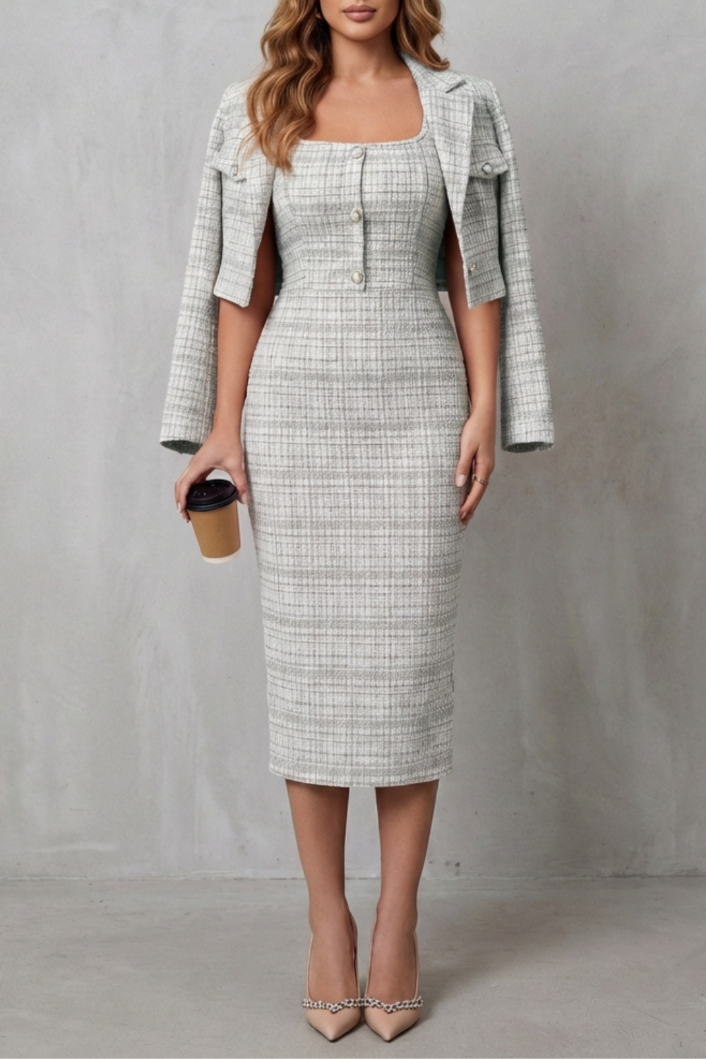 Elegant Plaid Tailoring Two-piece Midi Dress Set