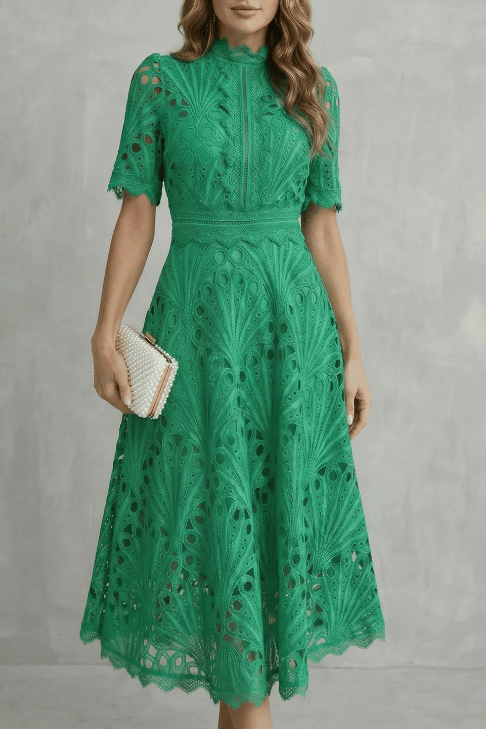 Ornate Lace Refinement High-neck Midi Dress