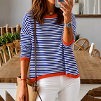 Women's Oversized Striped Sweatshirt with Contrast Trim - Blue