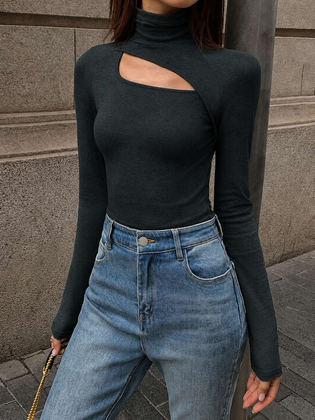 Women's Cut Out Turtleneck Long Sleeve Slim Fit Top